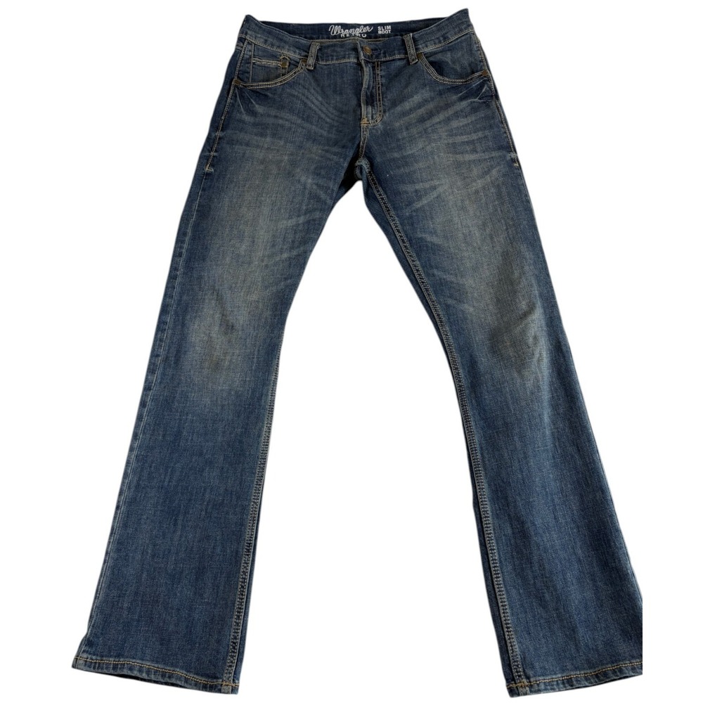 Wrangler Retro Slim Fit Bootcut Jeans Mens 34x33.5 Blue Denim Western Whiskered